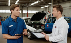 A mechanic explaining misconceptions about mechanics to a surprised customer in an auto repair shop