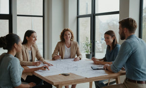 A diverse group of young architects discussing designs, highlighting misconceptions about architecture careers