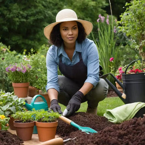 Essential gardening tools and equipment for evaluating if gardening is a good career. Includes watering cans, trowels, and soil preparation tools