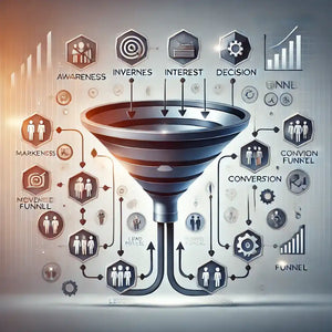 Illustration of a digital Sales Funnel showing Conversion Funnels, Lead Funnels, and Revenue Funnels with stages progressing through the Buyer’s Journey Funnels