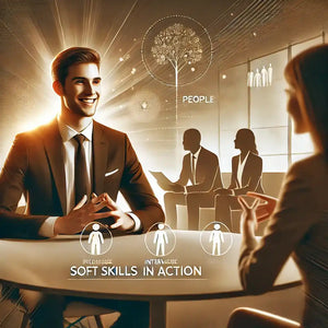 A confident young professional displaying interpersonal skills during a job interview with a focus on effective people skills